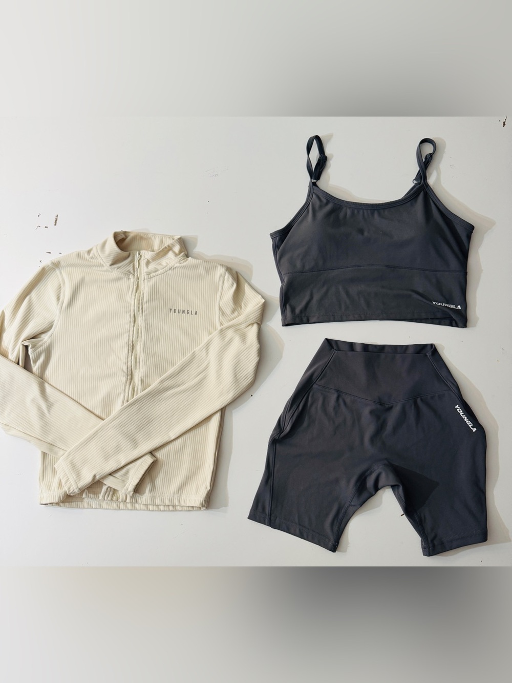 YOUNG LA 3 PIECE SET!  Sports Bra & Bike Shorts Set with Cream Zip Jacket
